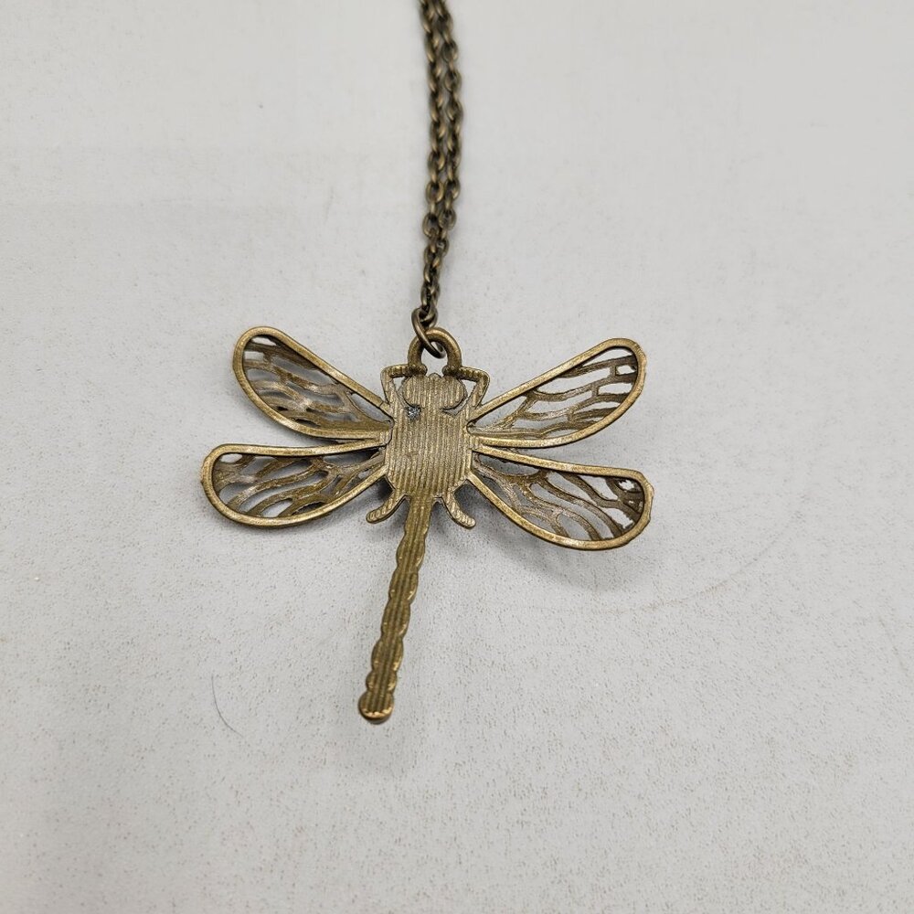 Dragonfly Pendant Necklace Blue Stone Rhinestone Eyes Bronze Chain 26 Inch - Picture 4 of 4